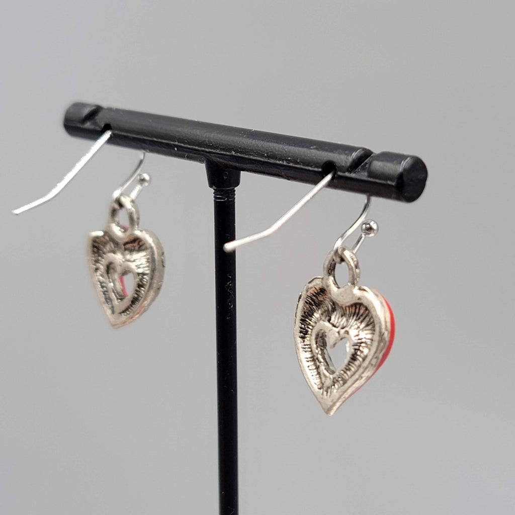 Heart Pierced Earrings Silver tone Red Enamel Dangle 5/8"