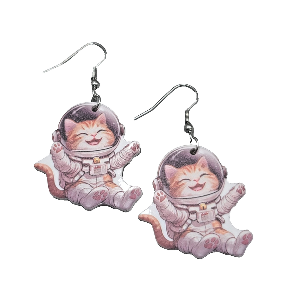 Space Kitty Cat Pierced Earrings Silver tone Dangle  1.25 in