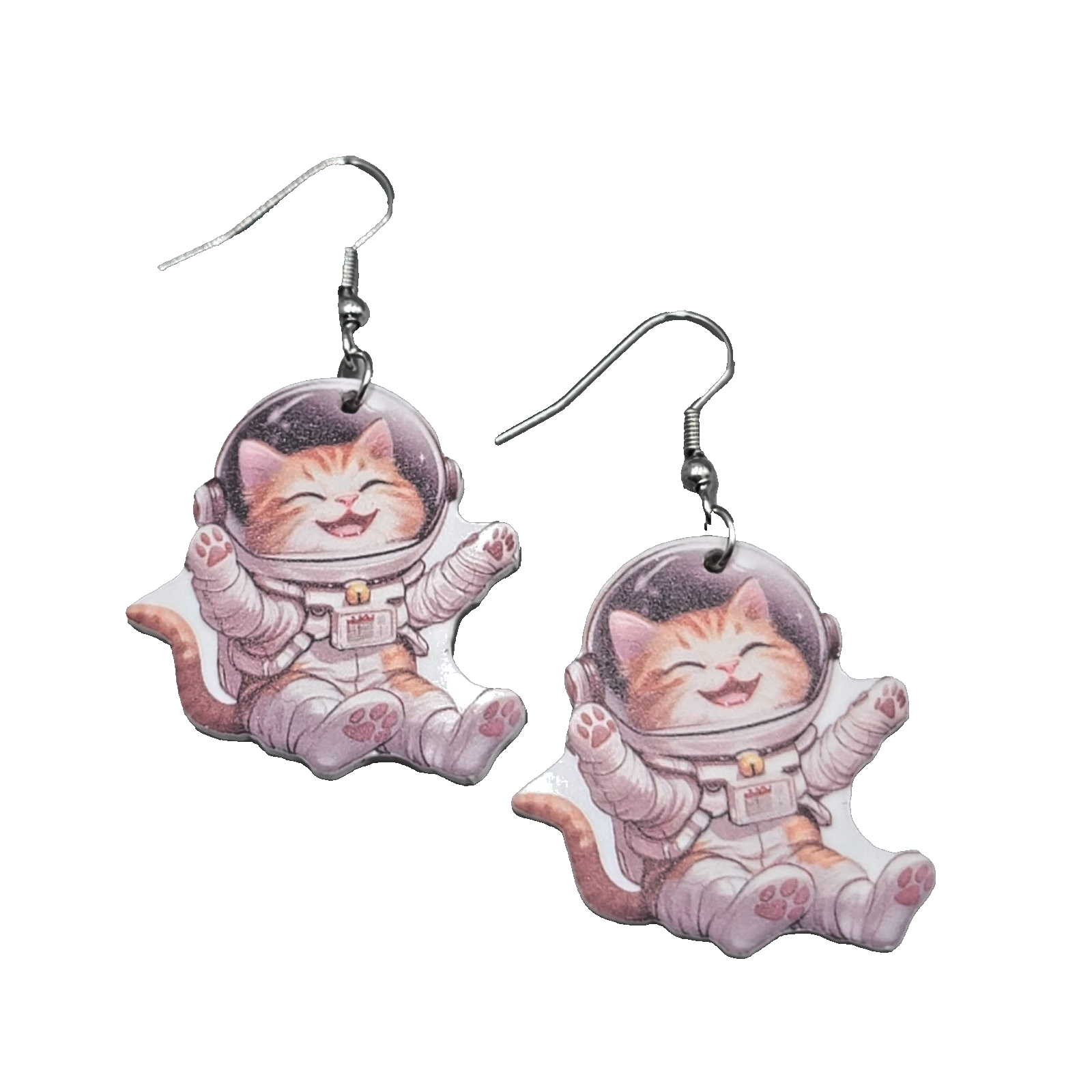 Space Kitty Cat Pierced Earrings Silver tone Dangle  1.25 in