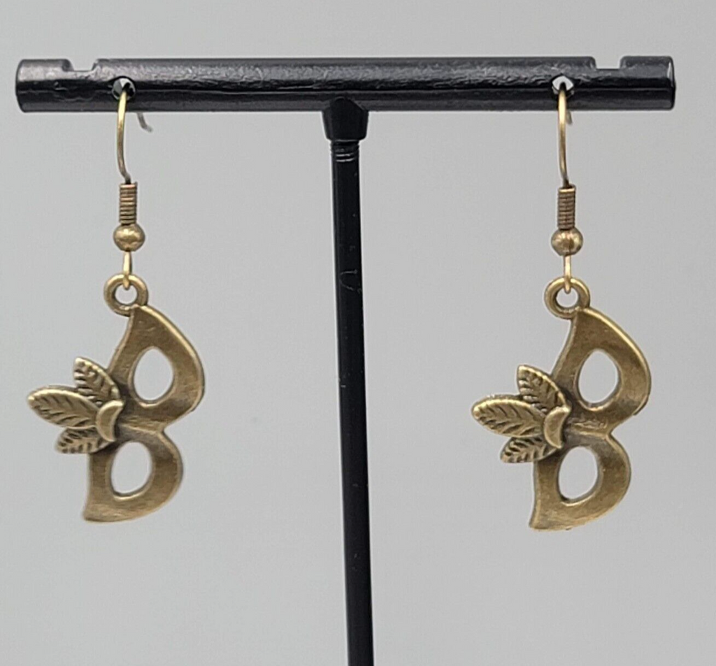 Masquerade Mask Pierced Earrings Bronze tone Metal Embossed Leaves Dangle  1"