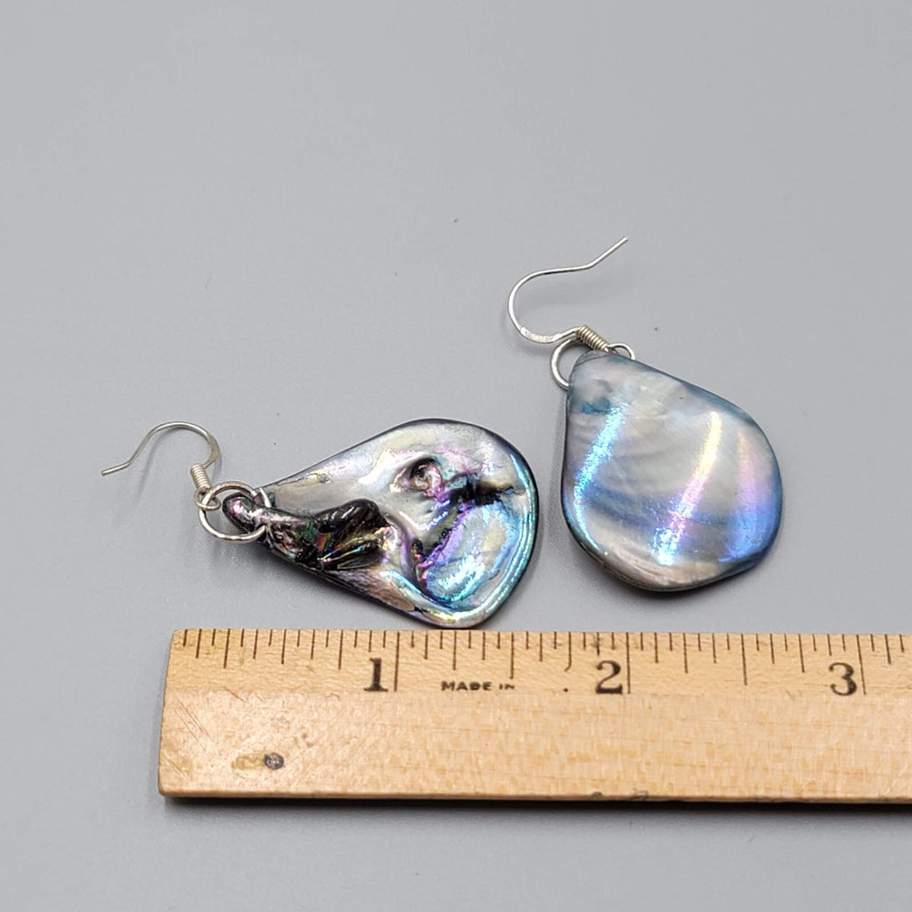 Real Seashell Pierced Earrings Blue Iridescent Sheen Dangle 1 3/8"