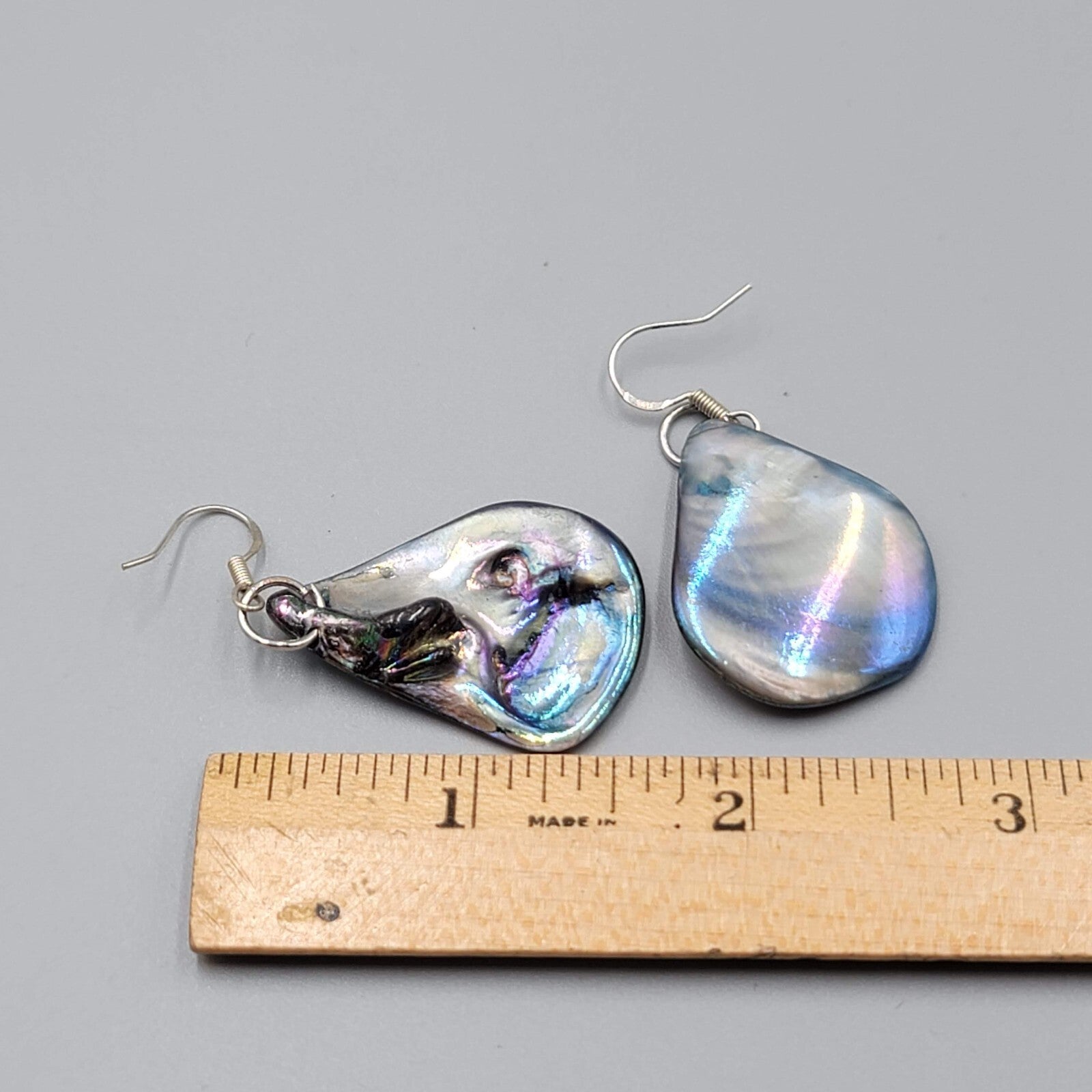 Real Seashell Pierced Earrings Blue Iridescent Sheen Dangle 1 3/8"