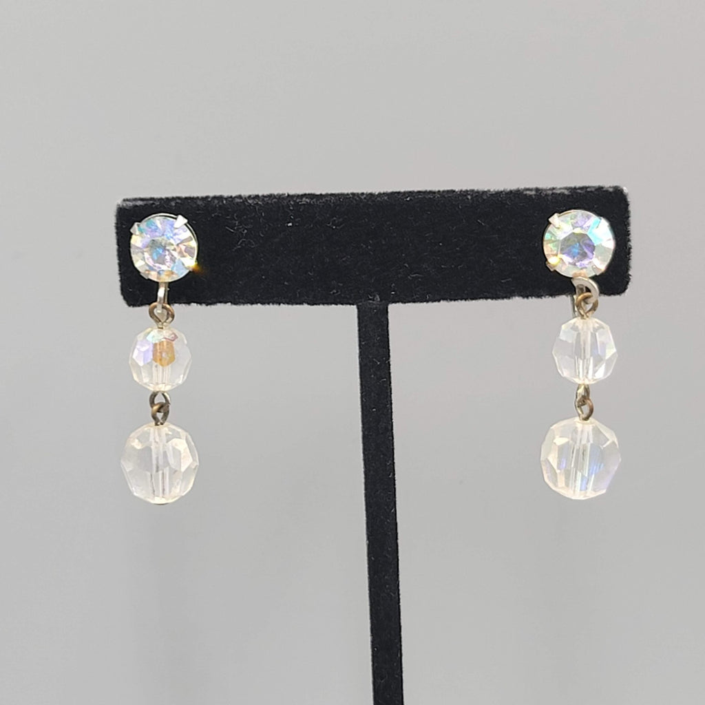 Vintage AB Beads  Clip on Earrings Silver tone Dangle  1.5"