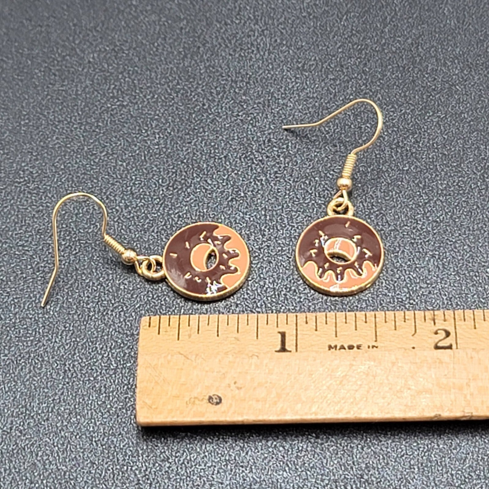 Chocolate Donut Pierced Earrings Gold tone Dangle New 3/4"