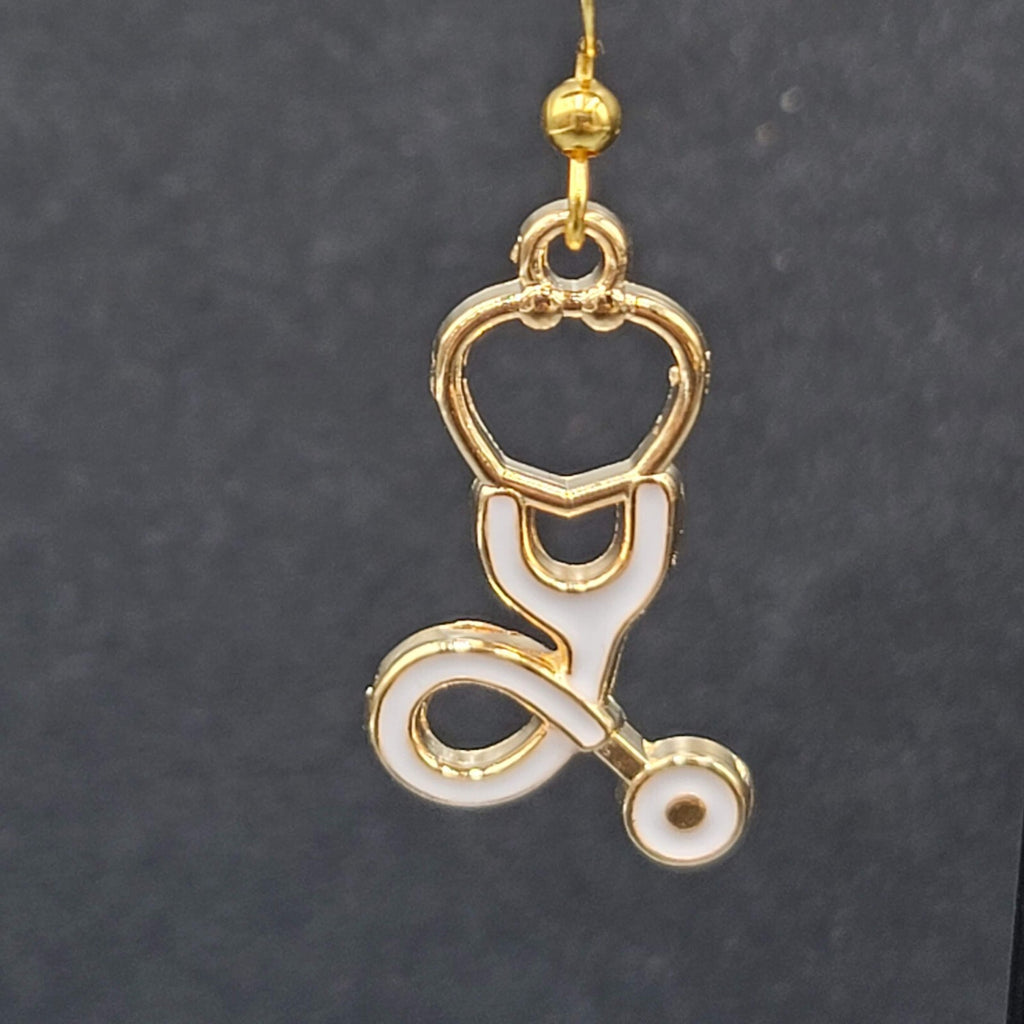 Nurse Pierced Earrings White Enamel Stethoscope Gold tone Dangle 1 1/8"