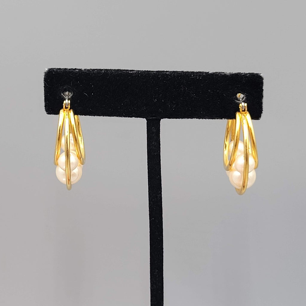 Vintage Hoop Pierced Earrings Caged White Beads Gold tone Dangle 1.25 in