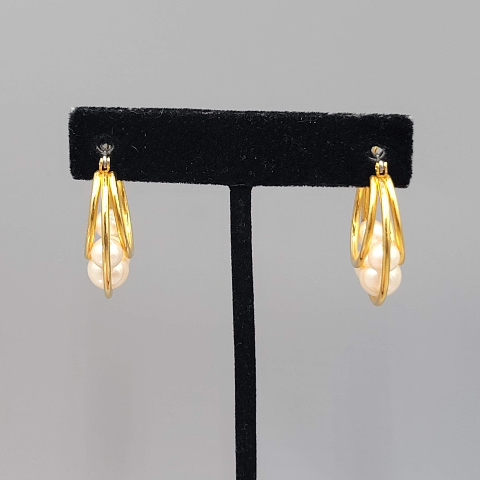 Vintage Hoop Pierced Earrings Caged White Beads Gold tone Dangle 1.25 in