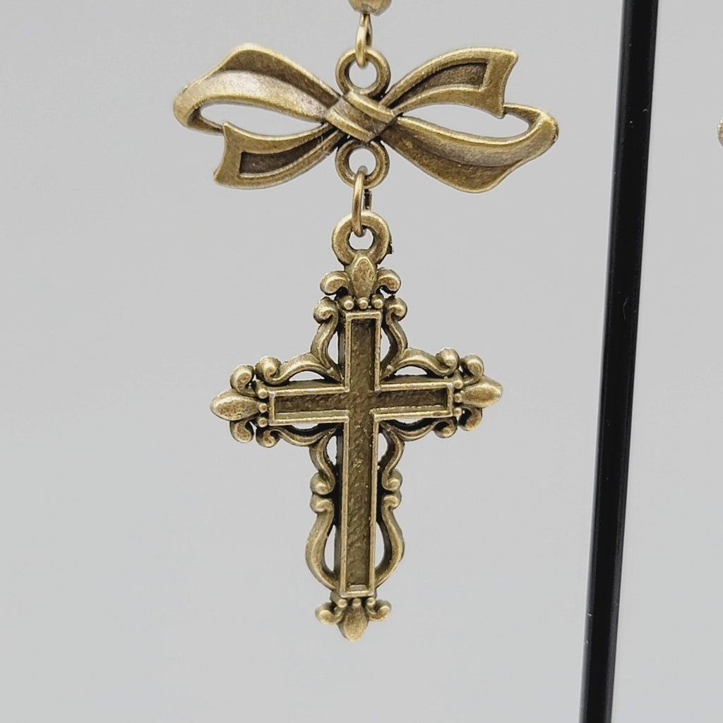 Cross Pierced Earrings Bronze tone Long Bow Dangle New 1.75"