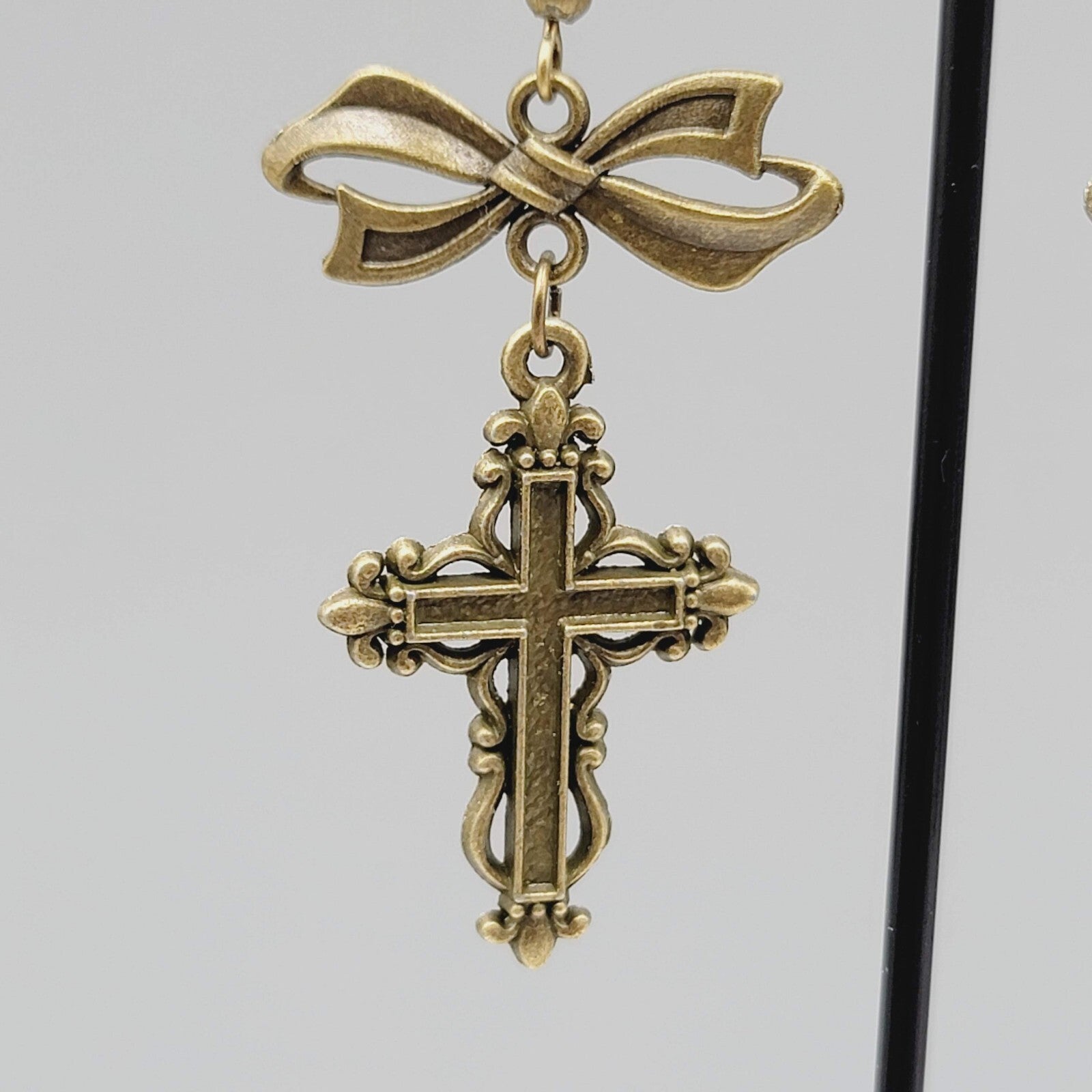 Cross Pierced Earrings Bronze tone Long Bow Dangle New 1.75"
