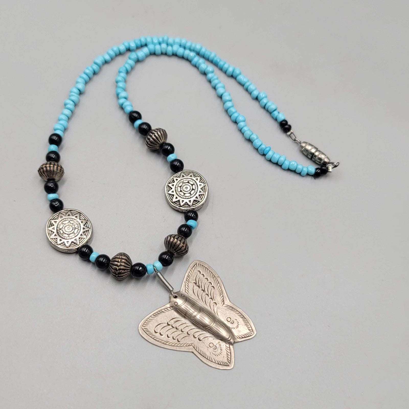 Artisan Butterfly Pendant Necklace Blue Black Bead Handmade 18 in