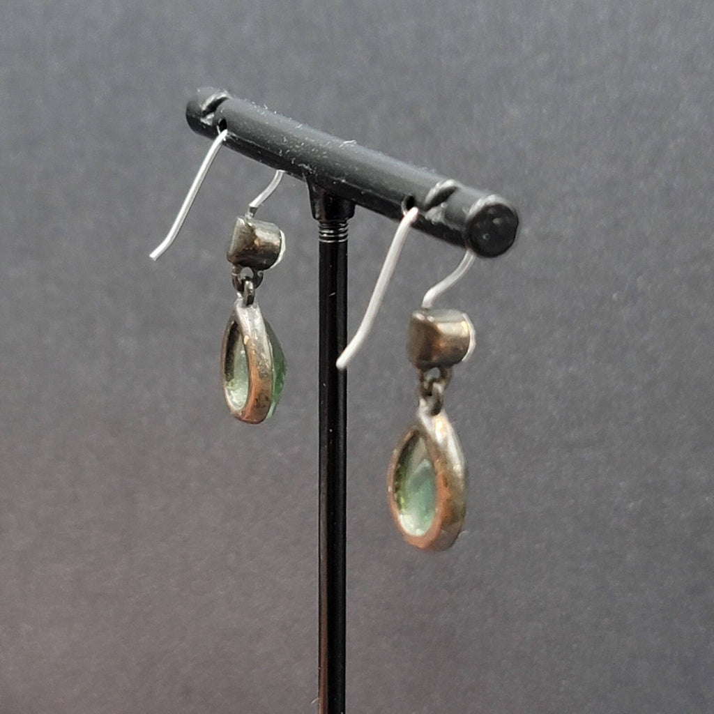 Pierced Earrings Bronze tone Green Faceted Teardrop Stone 3/4"