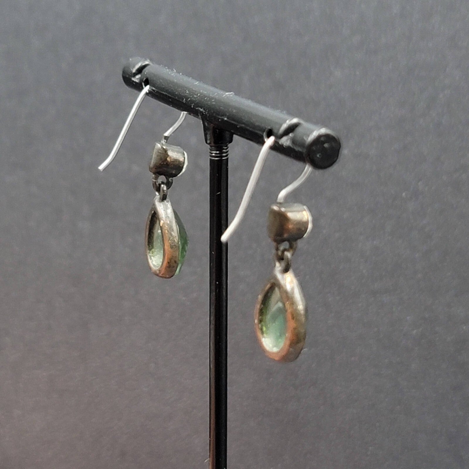 Pierced Earrings Bronze tone Green Faceted Teardrop Stone 3/4"
