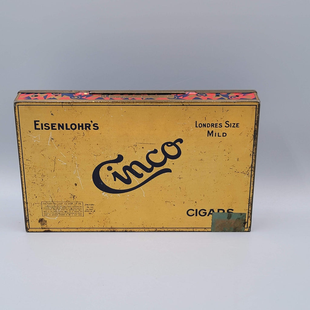 Vintage Cinco Eisenlohrs Cigar Hinged Tobacco Tin 5x8" Tax Stamp