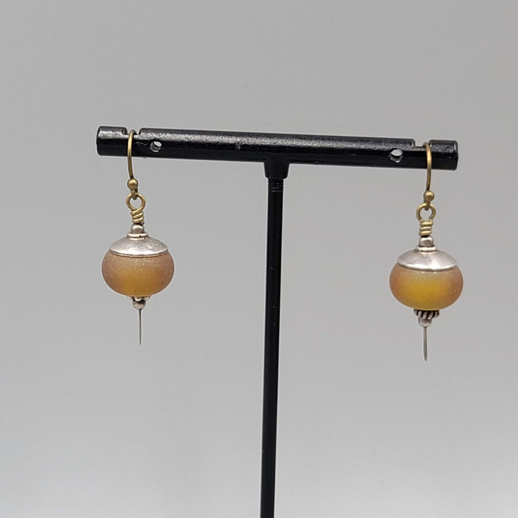 Glass Bead Pierced Earrings Bronze tone & Silver tone Dangle 1"