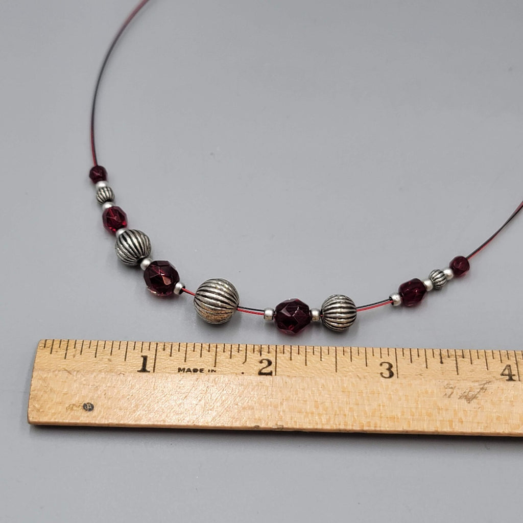 Bead Necklace Silver tone Red Faceted Beads Red Cord 18"