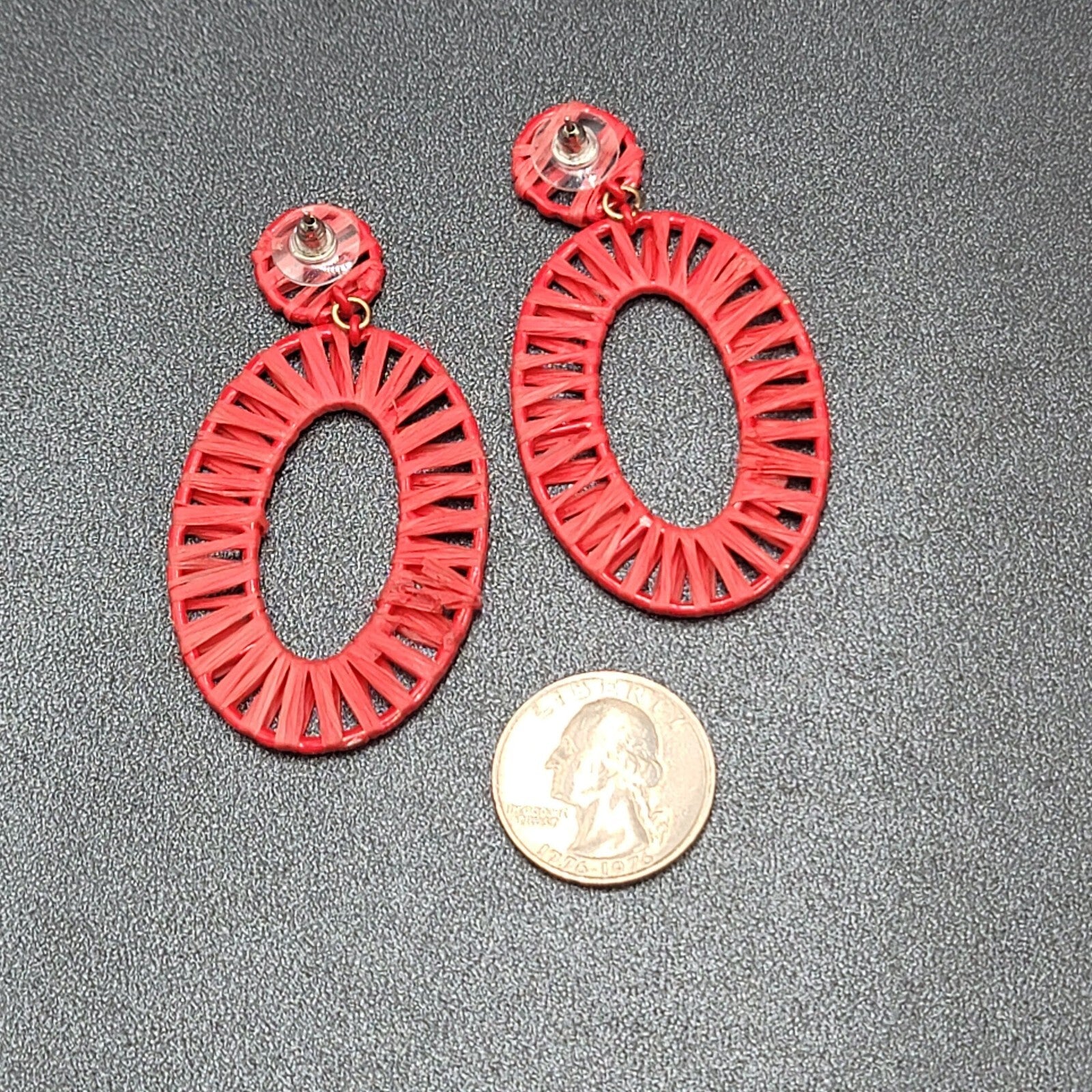 Pierced Earrings Red Rattan Dangle Hoops Statement 2.5"