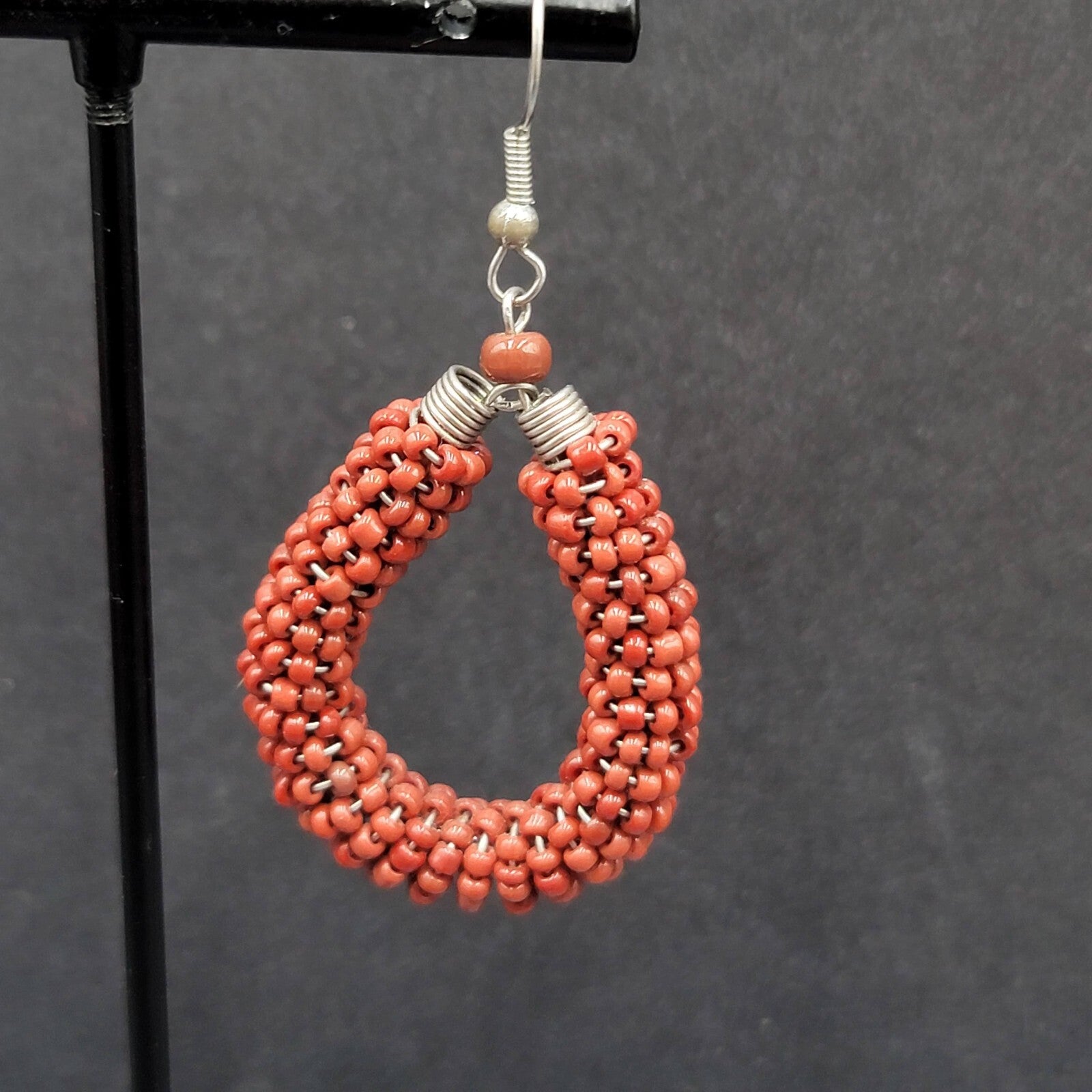 Pierced Earrings Brown Seed Bead Teardrop Hoops Dangle Silver tone 1.5"