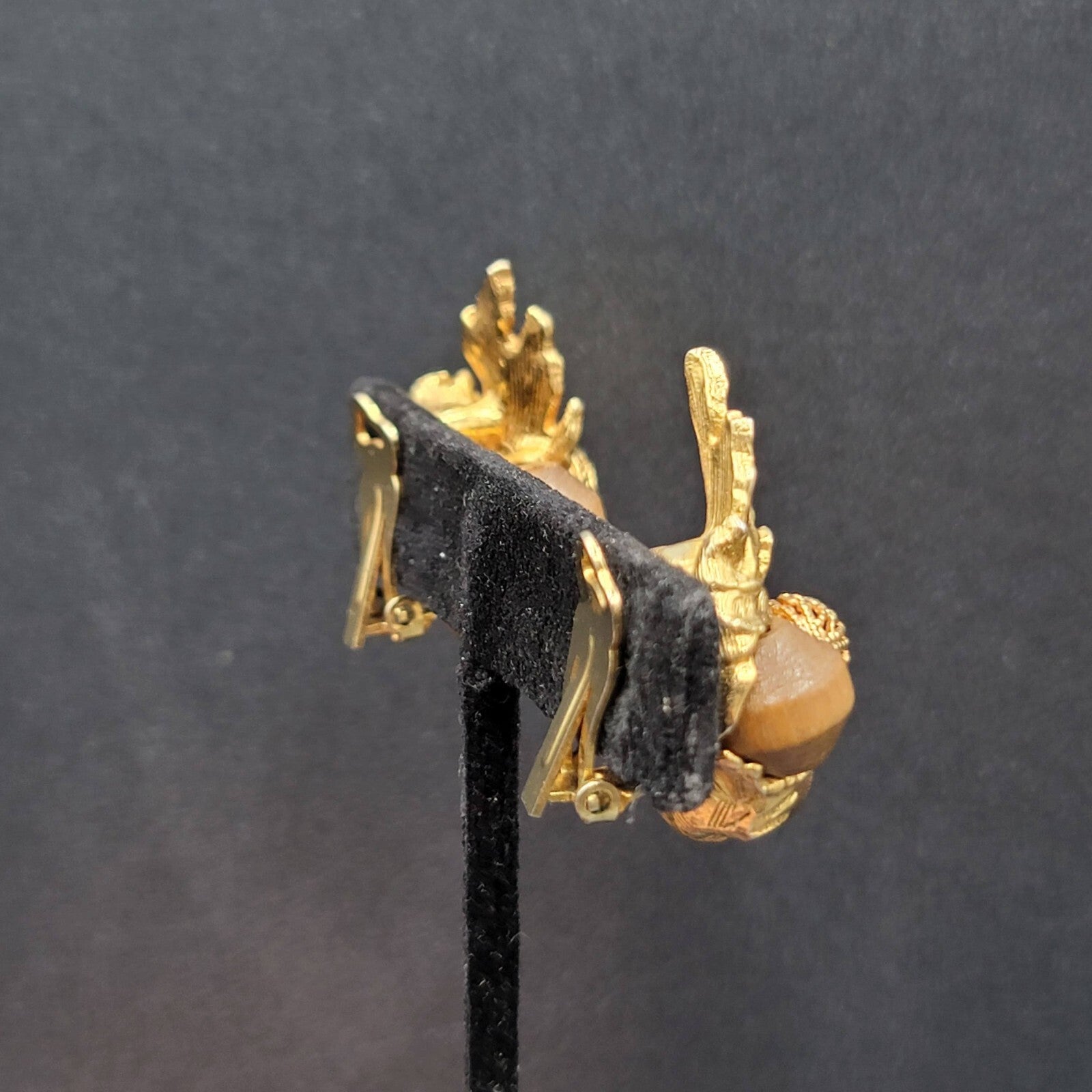 Vintage ART Clip on Earrings Gold Plated Wood Beads Leaf Design Climber 1.25"