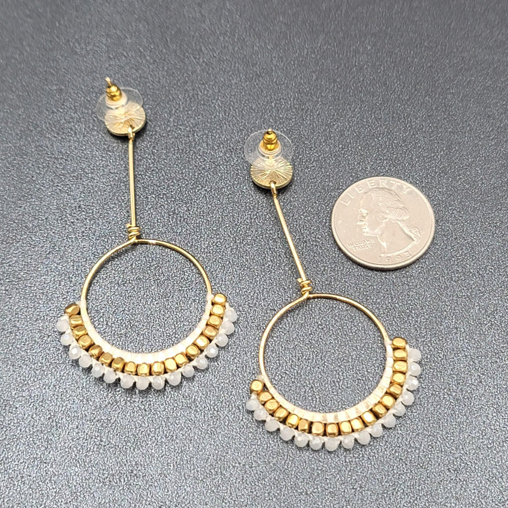 Quartz Stone Bead Pierced Earrings Long Gold tone Dangle 3"