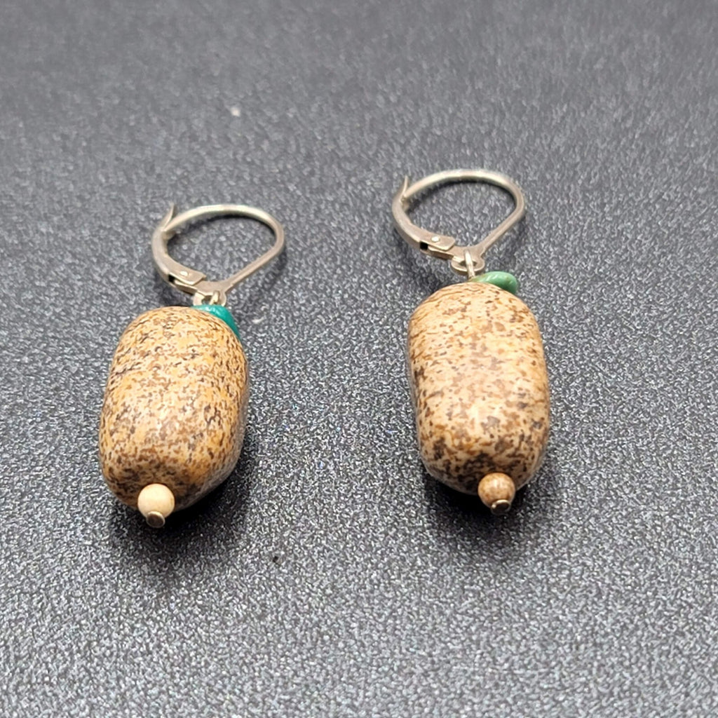 Pierced Earrings Turquoise Brown Speckled Stone Bead Dangle 1"