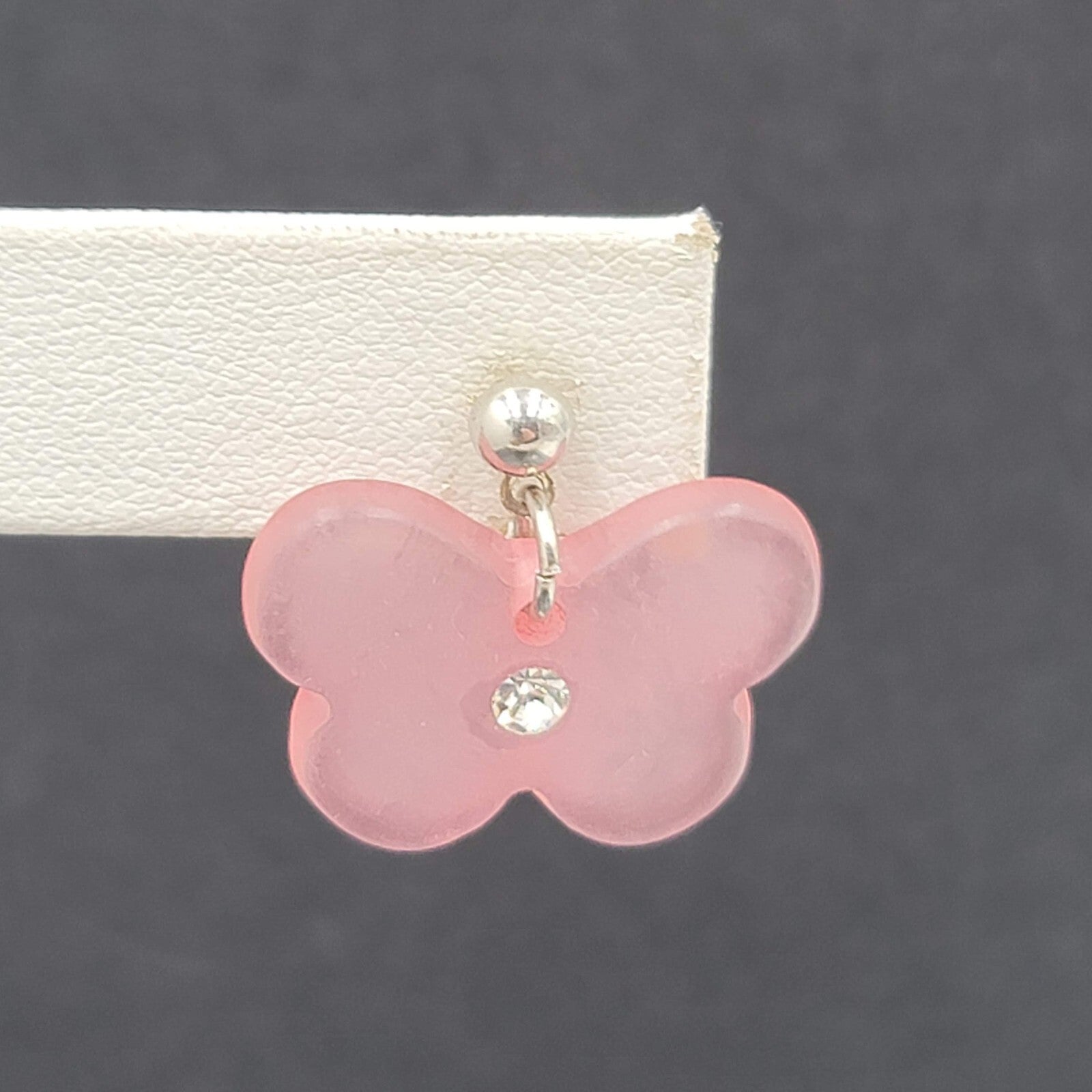 Butterfly Pierced Earrings Silver tone Pink Acrylic Bead Dangle 3/4"