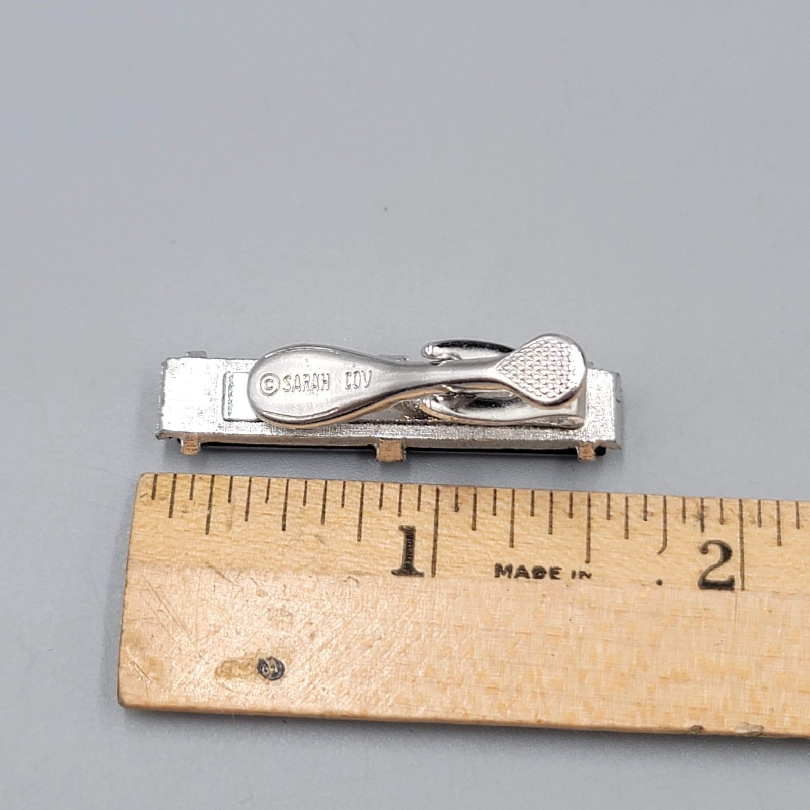 Vintage Sarah Cov Tie Clip Bar Silver tone 1.5" Mens Jewelry Estate Signed