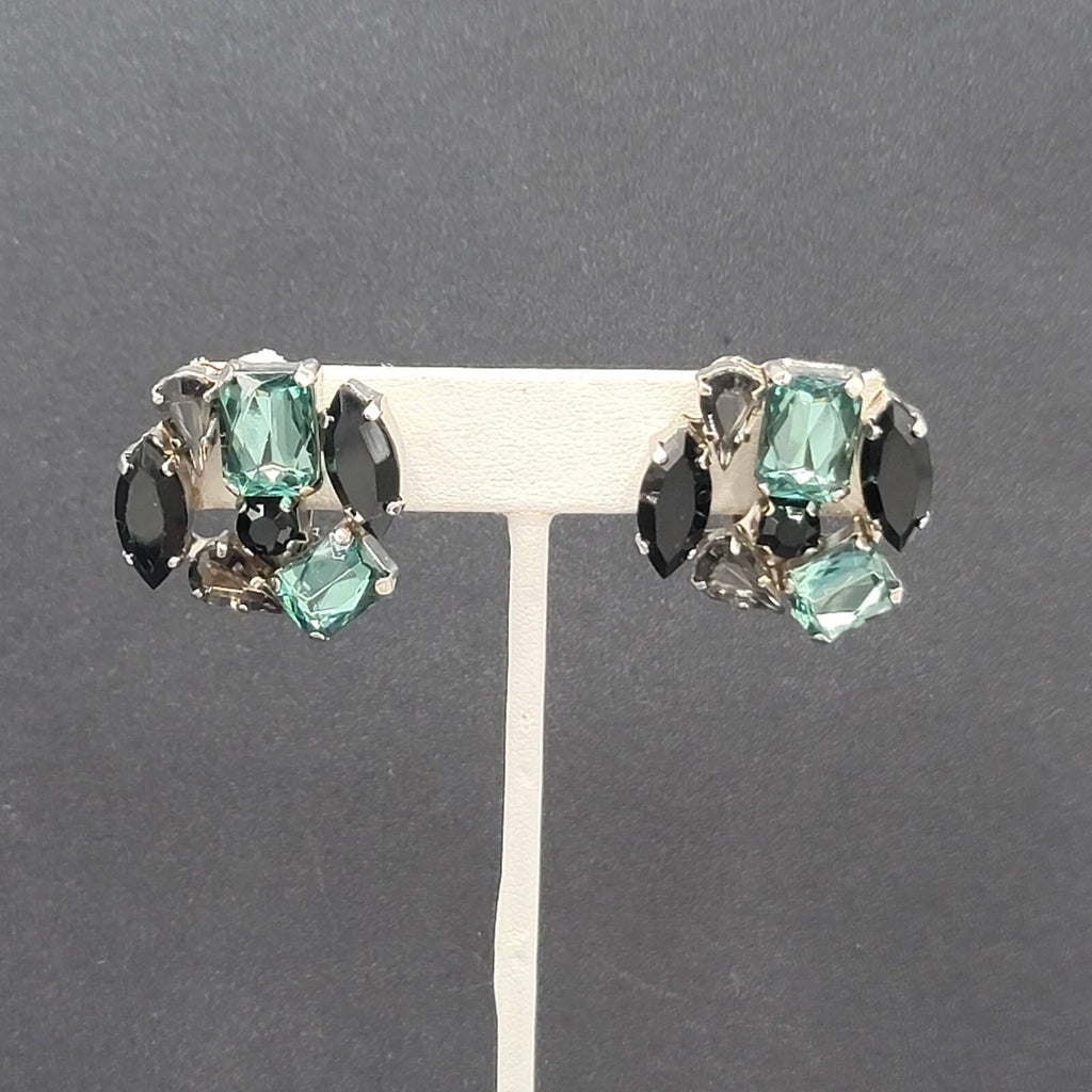 Clip on Earrings Silver tone Acrylic Green Black Statement Drop 1"