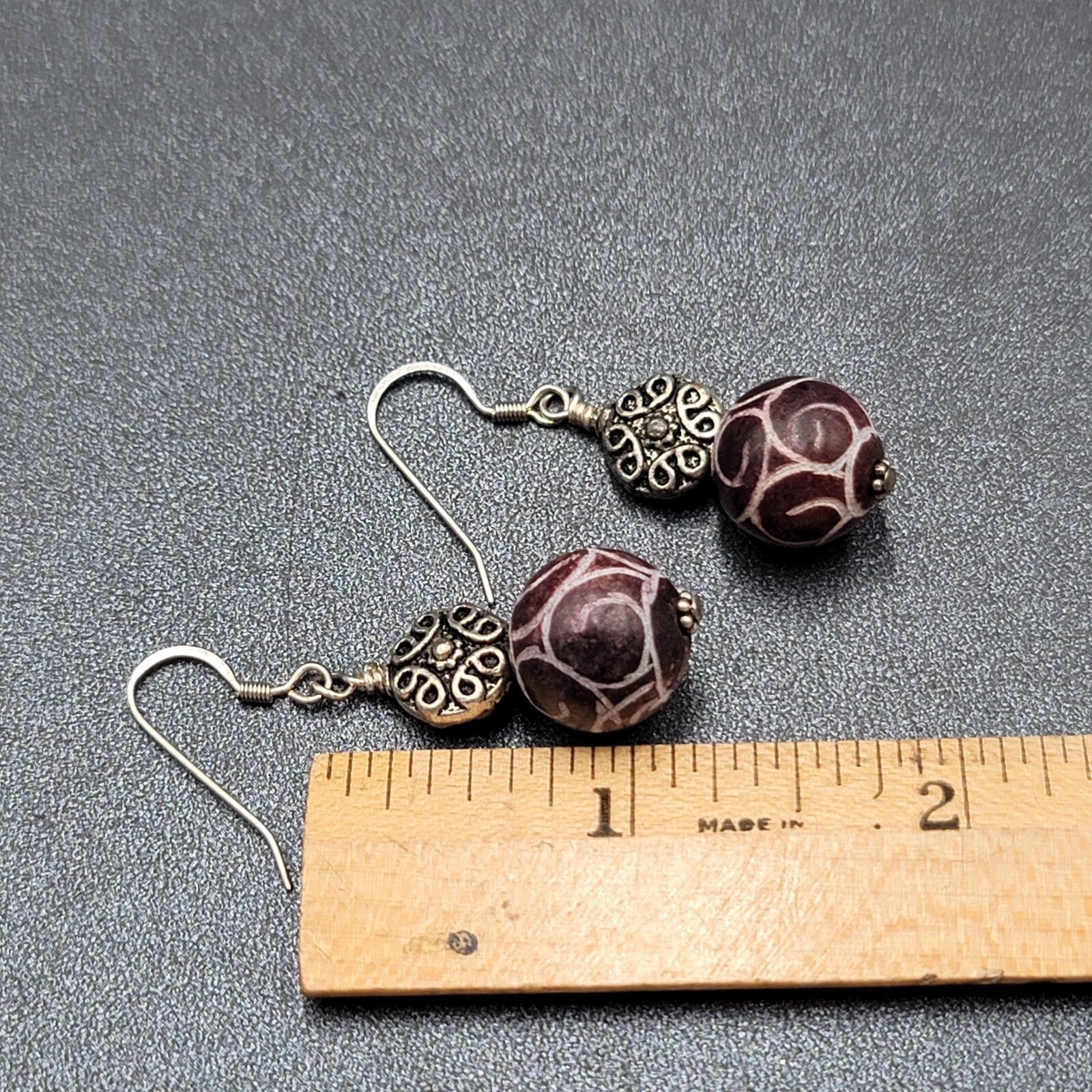 Pierced Earrings Silver tone Hand Carved Purple Stone Bead Dangle  1.25"