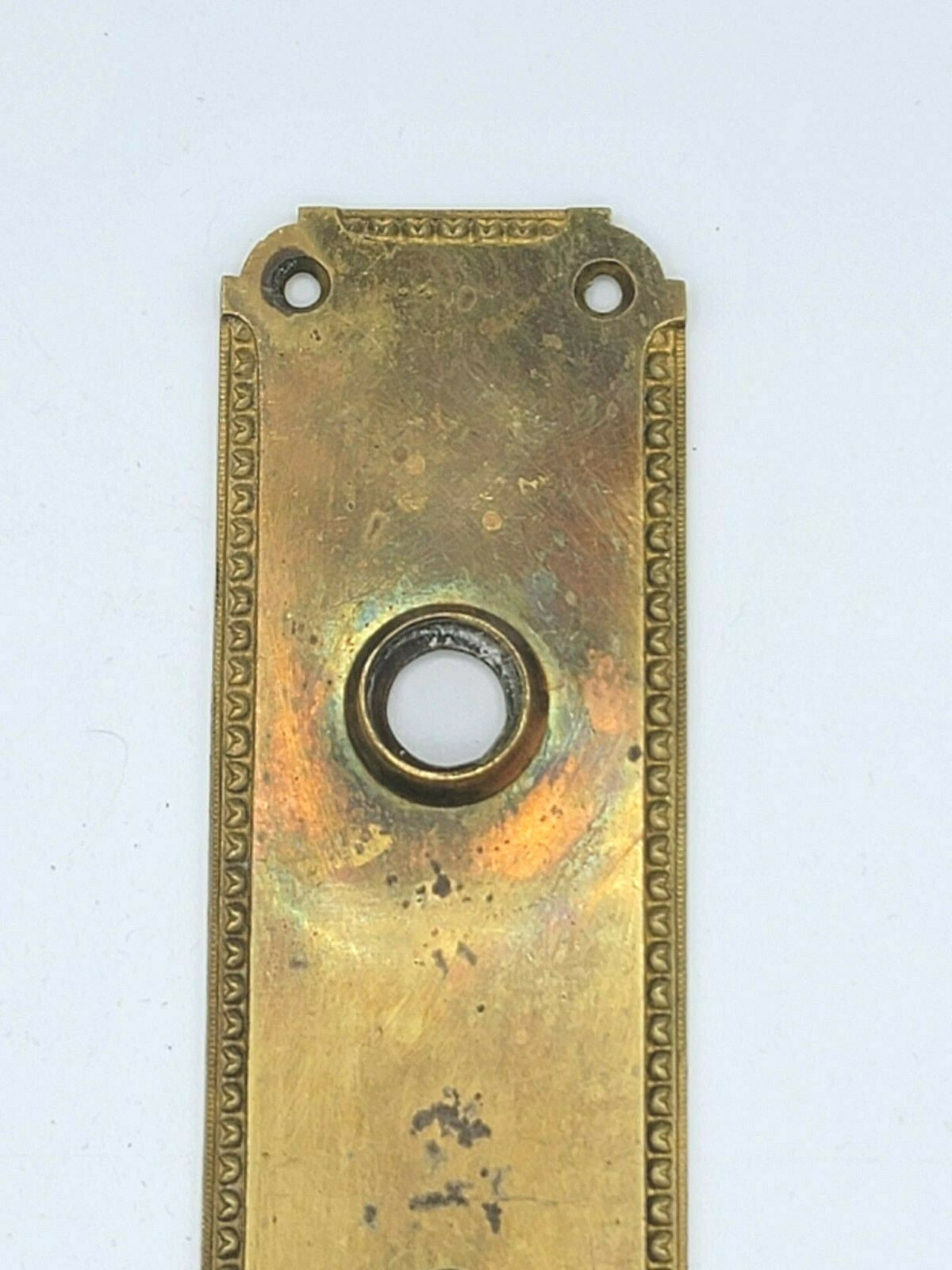 Antique Vintage Brass Doorknob Backplate 8" x 2 1/4"  holes 3"