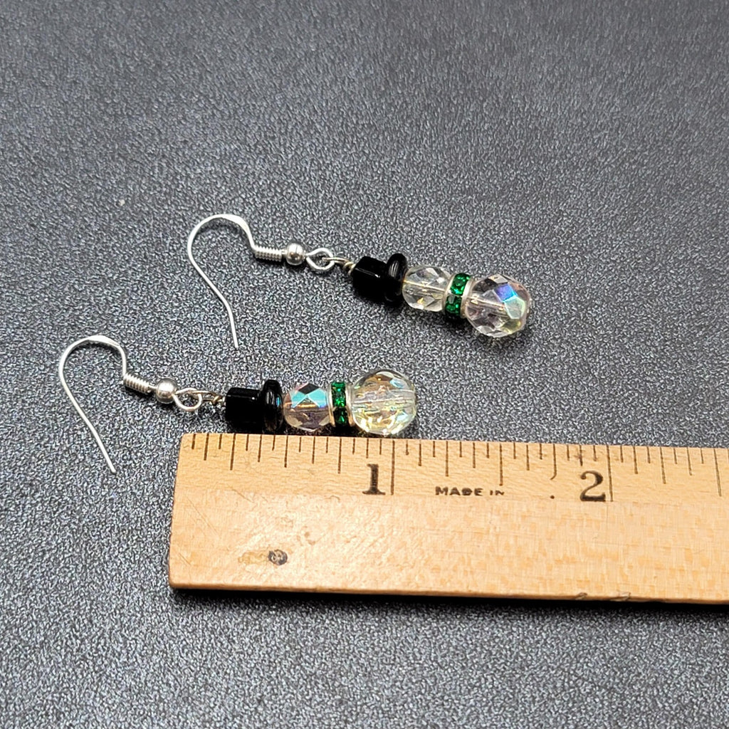 Sterling Silver Pierced Earrings Crystal Bead Snowman Dangle  1"