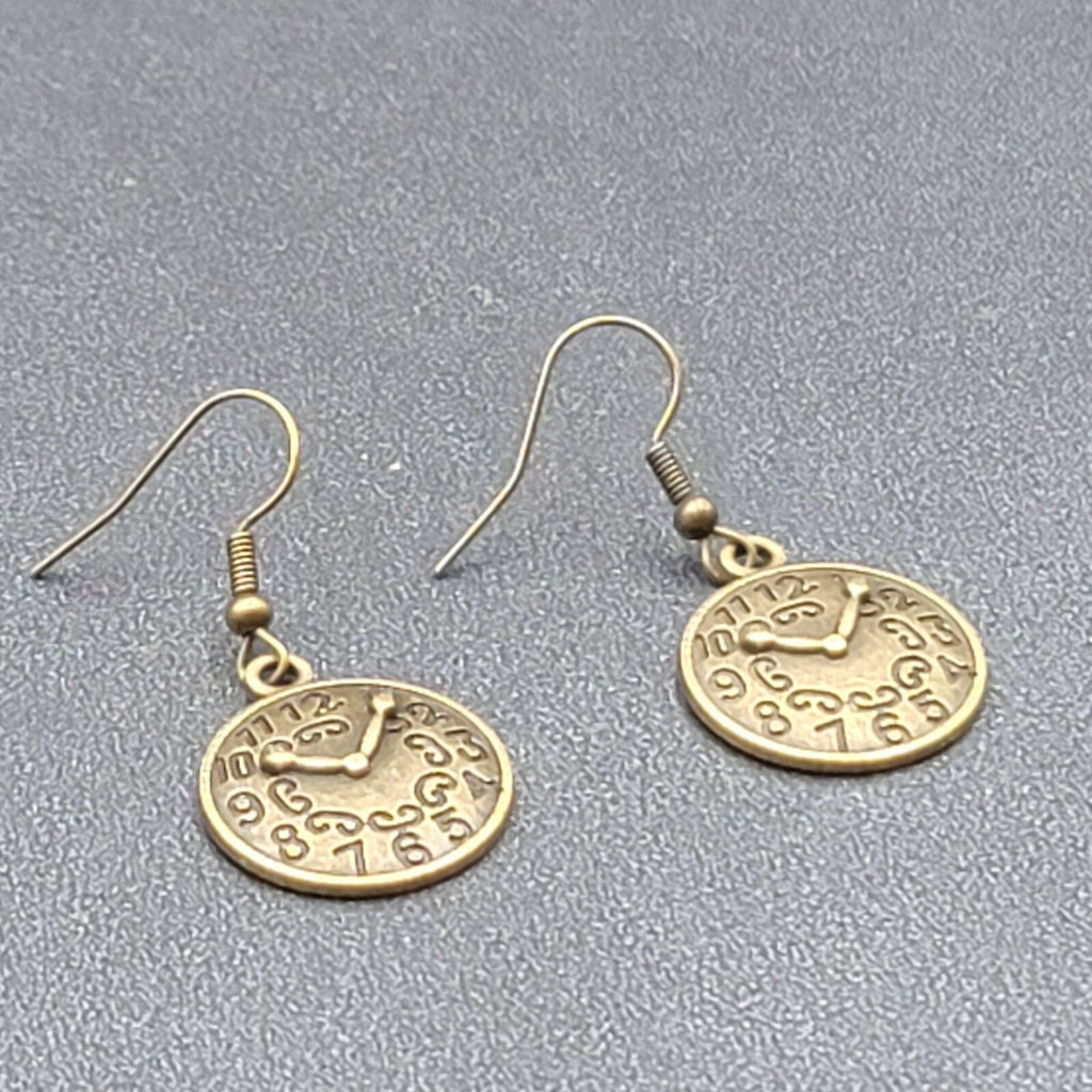 Clock Face Pierced Earrings Bronze tone Embossed Dangle 7/8"