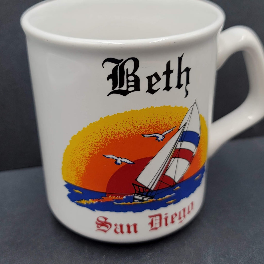 Vintage San Diego BETH Coffee Mug Cup Sailboat Souvenir