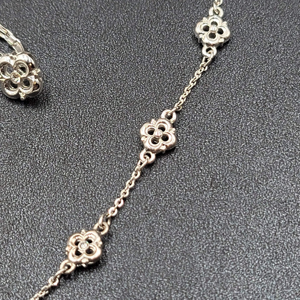 Avon Clover Y Necklace and Pierced Earring Set Crystal Silver Plated 17" 1/2"