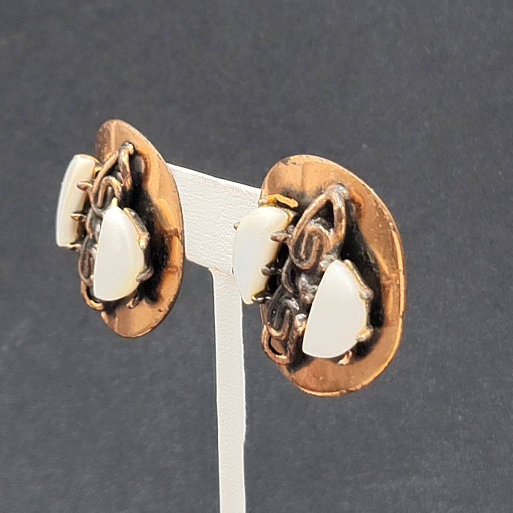 Vintage Clip on Earrings Copper Plated Mother of Pearl Accents Modernist 1.25"