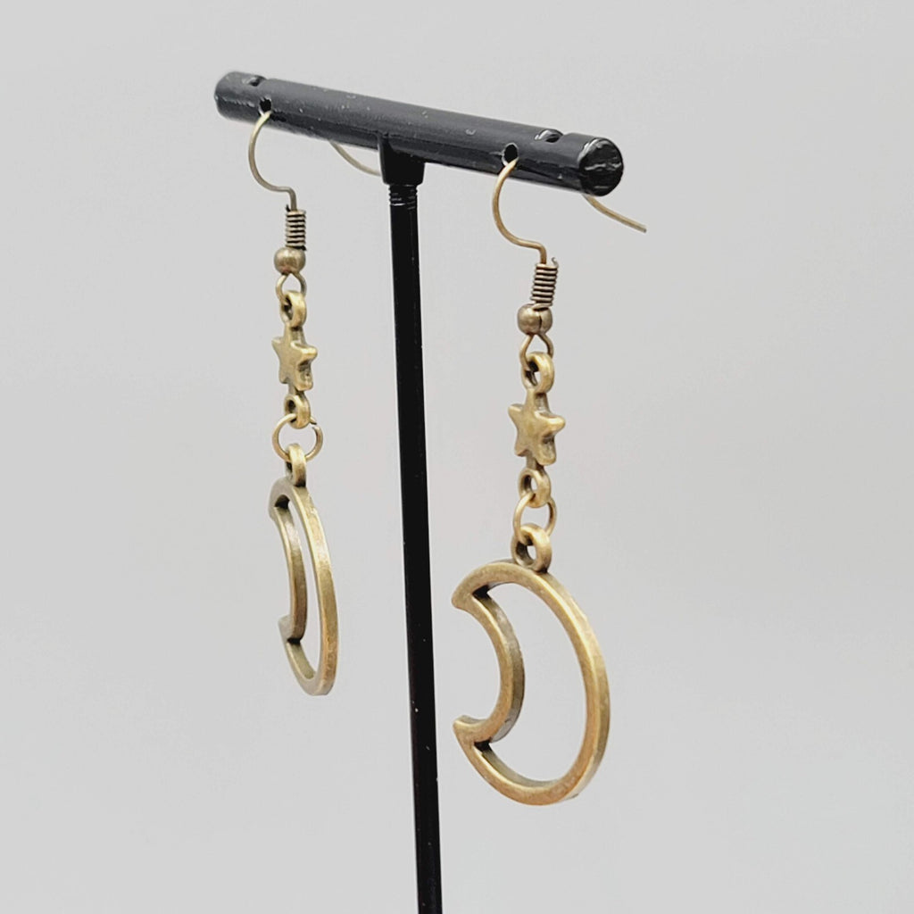 Star and Moon Pierced Earrings Bronze tone Dangle 1.5" New