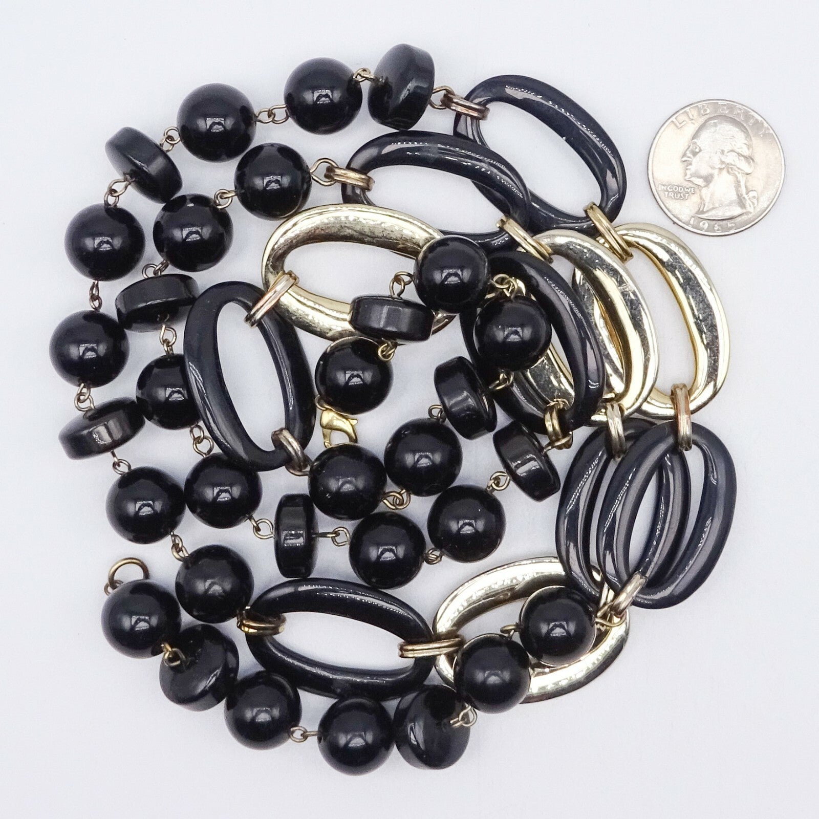 Vintage Necklace Black and Gold tone Bead Statement Estate Costume Jewelry 36"