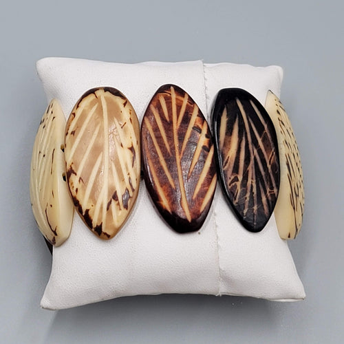 Carved Resin Stretch Bracelet Brown Cream Leaf Design 7 in x 1.75 wide