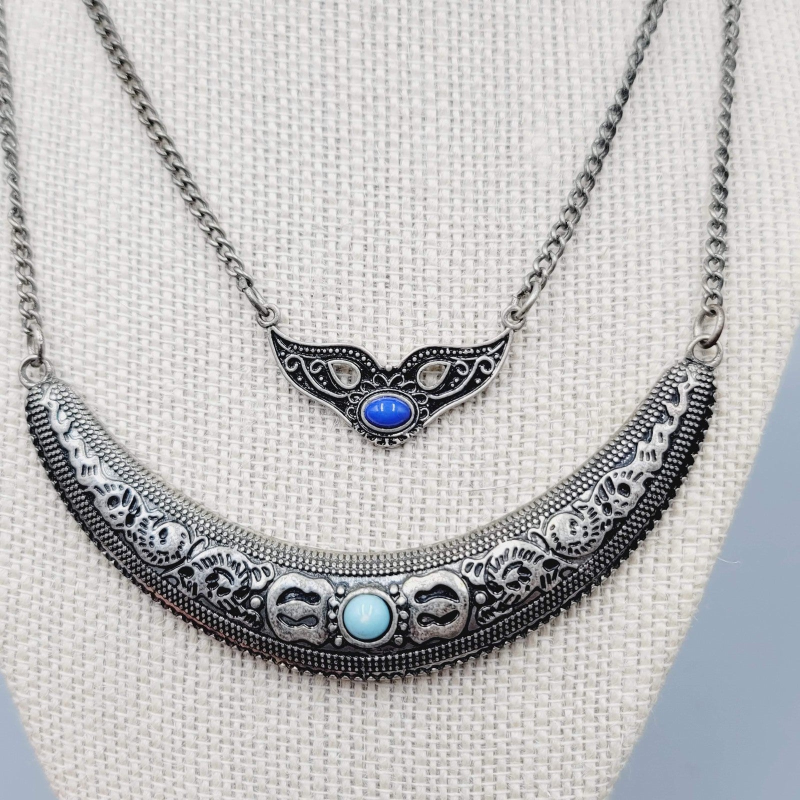 Boho Statement Necklace Silver Tone Turquoise Layered Crescent Pendant 16"-18"