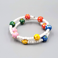 Memory Wire Bracelet Hand Painted Wood Beads White Seed Bead Adj.