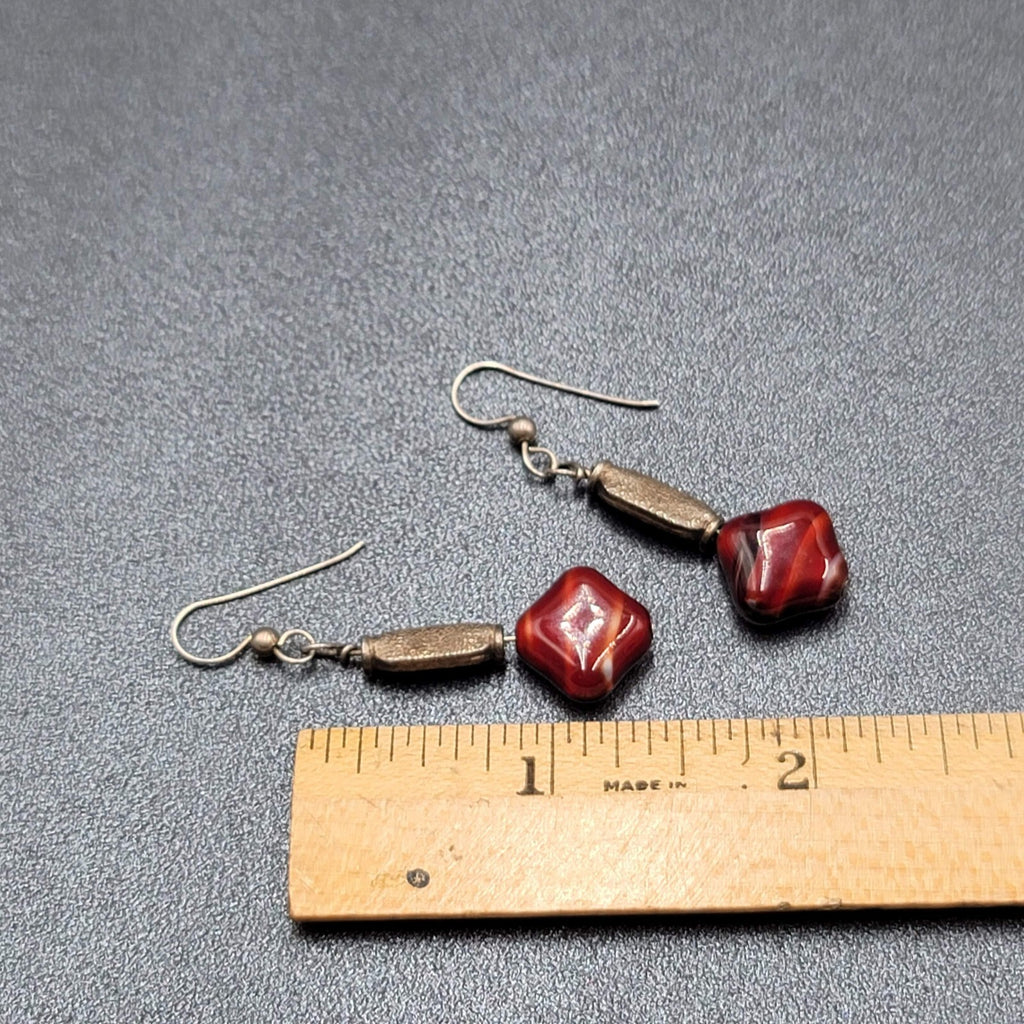 Pierced Earrings Silver tone Red Art Glass Square Bead Dangle 1.25"