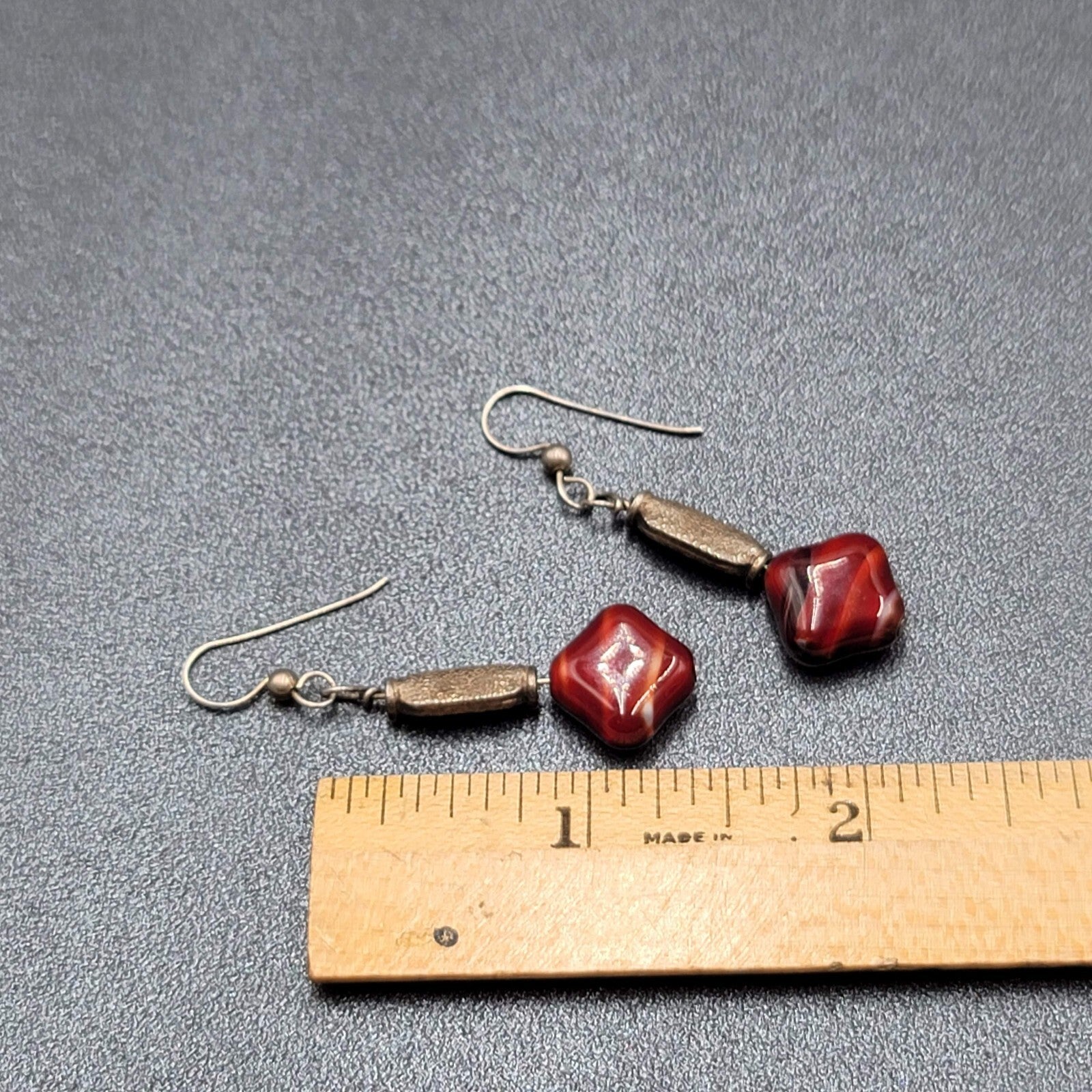 Pierced Earrings Silver tone Red Art Glass Square Bead Dangle 1.25"