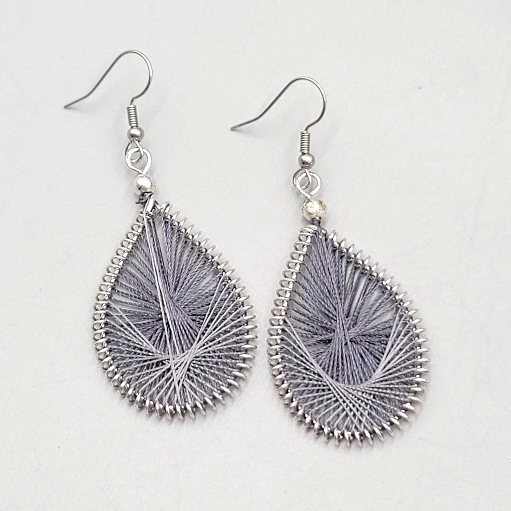 Teardrop gray String Art Pierced Earrings Silver tone Dangle 1 7/8"