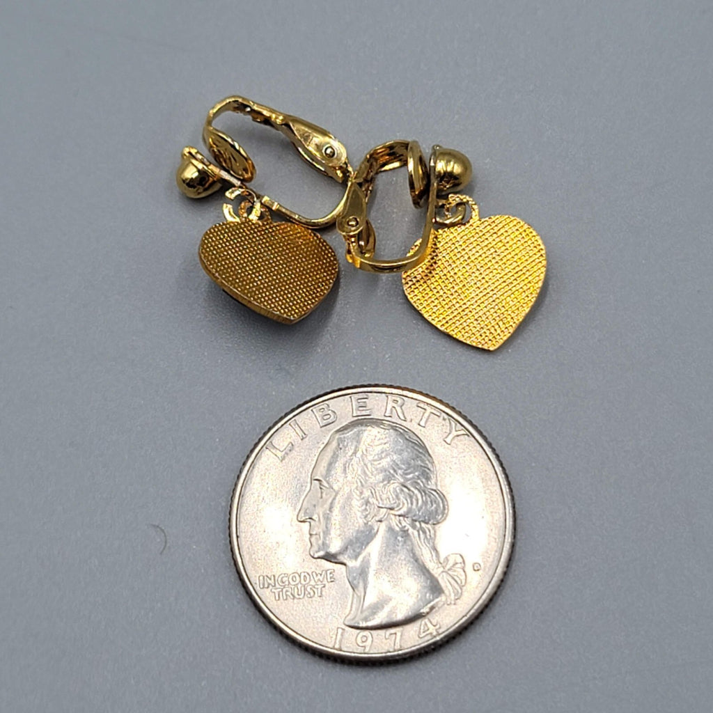 Vintage Black Heart Dangle Clip on Earrings Gold tone Flower 1/2"