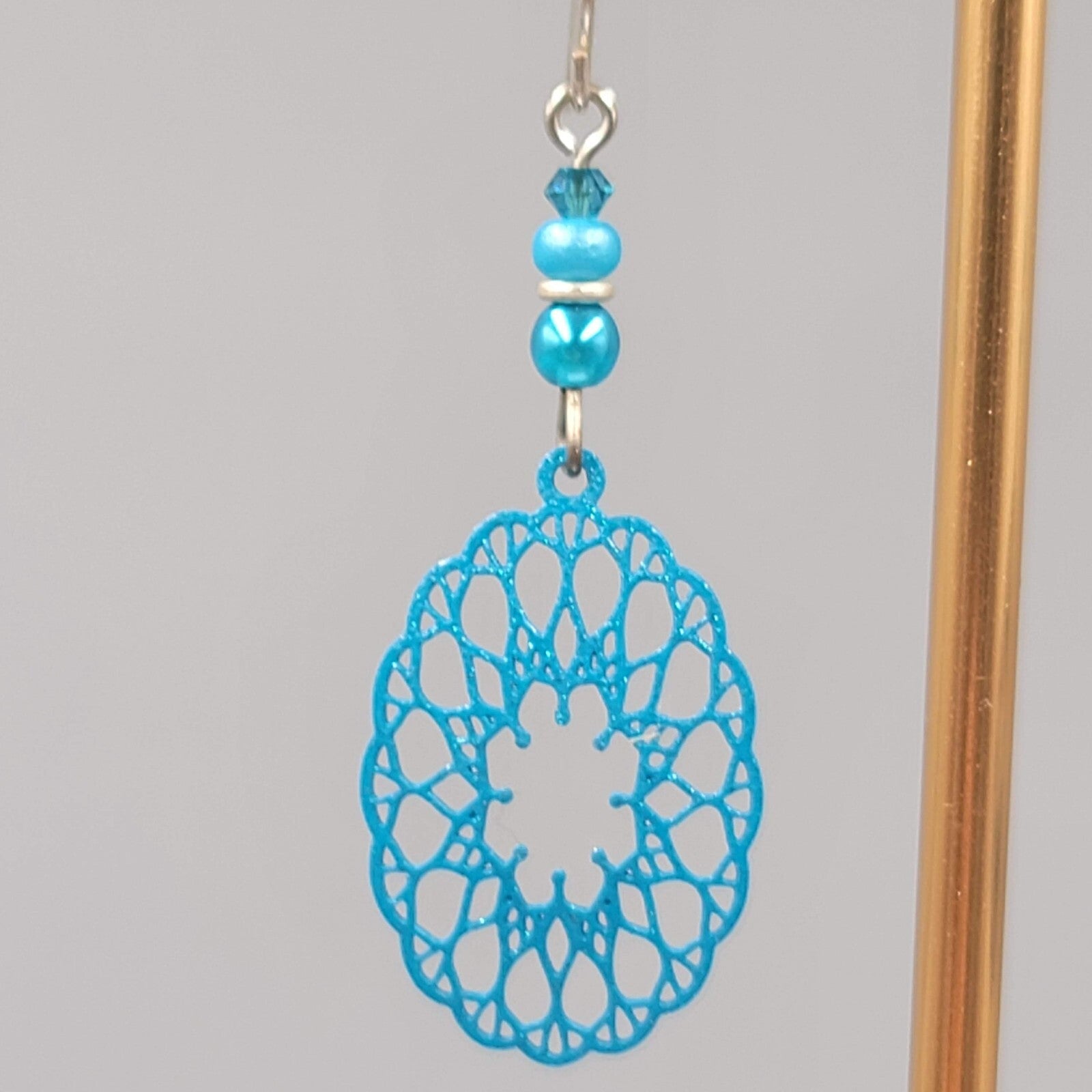 Blue Laser Cut Metal Open Work Pierced Earrings Bead Silver tone Dangle 1.75"