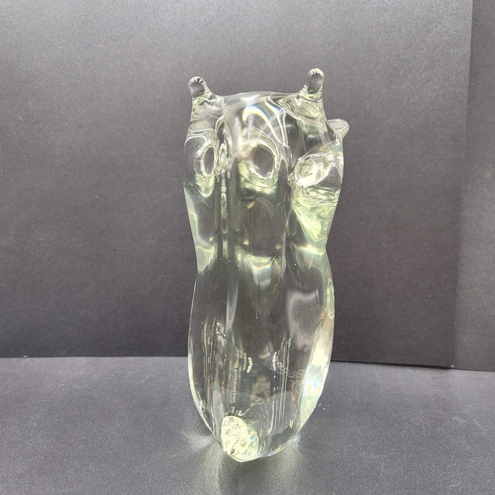 Vintage Solid Clear Glass Owl Figurine Hand Blown Mid Century 6.5" Rare Find