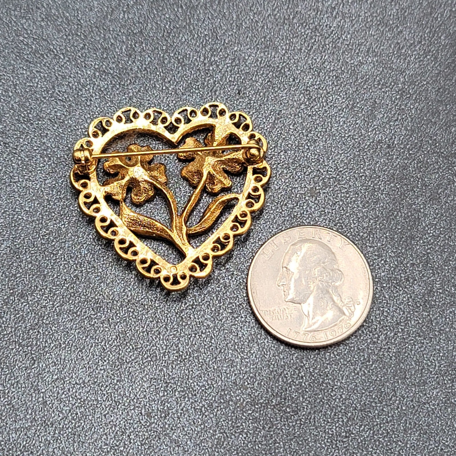 Vintage Brooch Heart Two Flowers Seed Imitation Pearls Open Work 1.5"