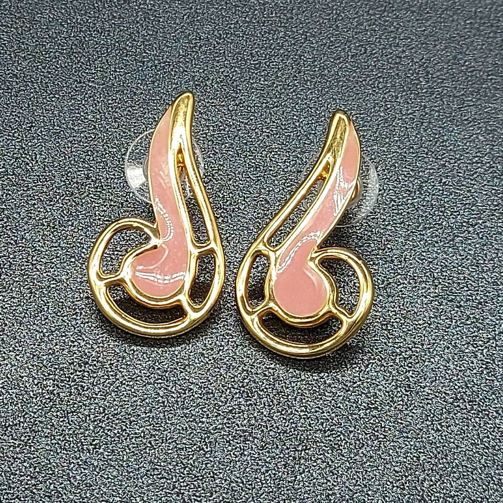 Vintage Pierced Earrings Gold Plated Pink Enamel Statement 1 1/4"