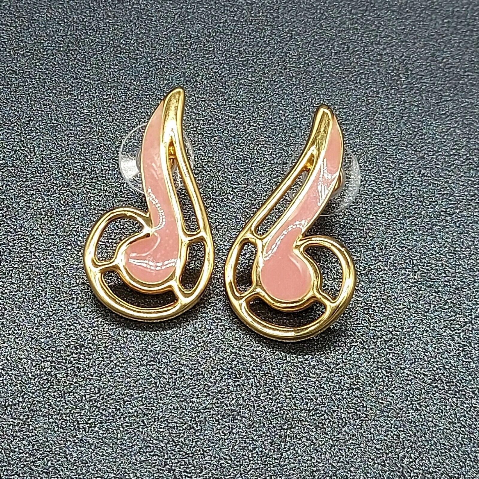 Vintage Pierced Earrings Gold Plated Pink Enamel Statement 1 1/4"