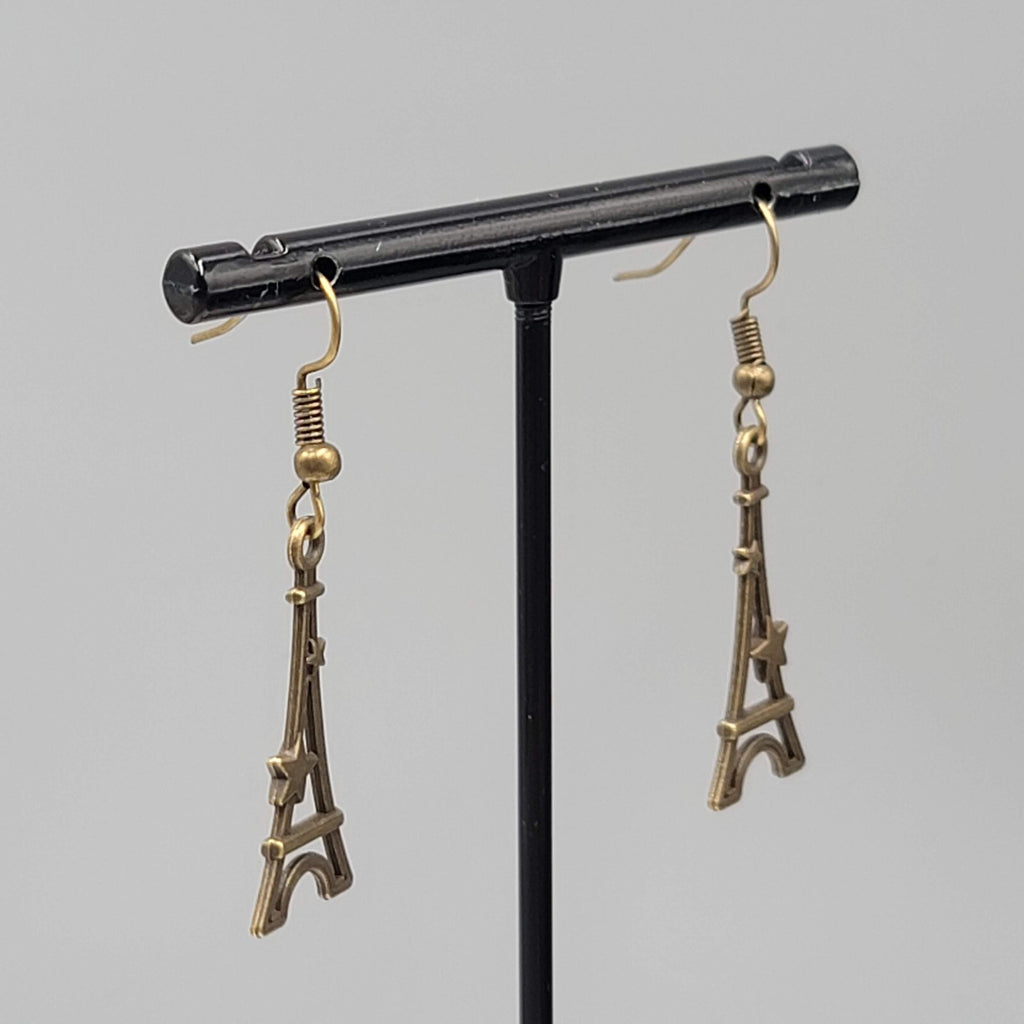 Eiffel Tower Pierced Earrings Bronze tone Stars Dangle NEW 1 1/8"