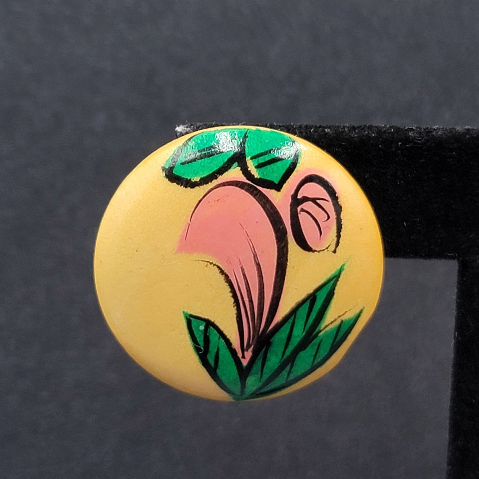 Vintage Pierced Earrings Round Wood Hand Painted 1 1/8"